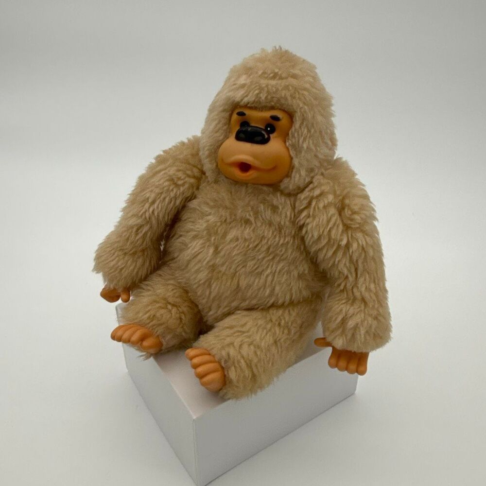 Authentic Vintage 1980s Rubber Face Plush Gorilla Monkey Toy 8.5” Soft Tan Retro